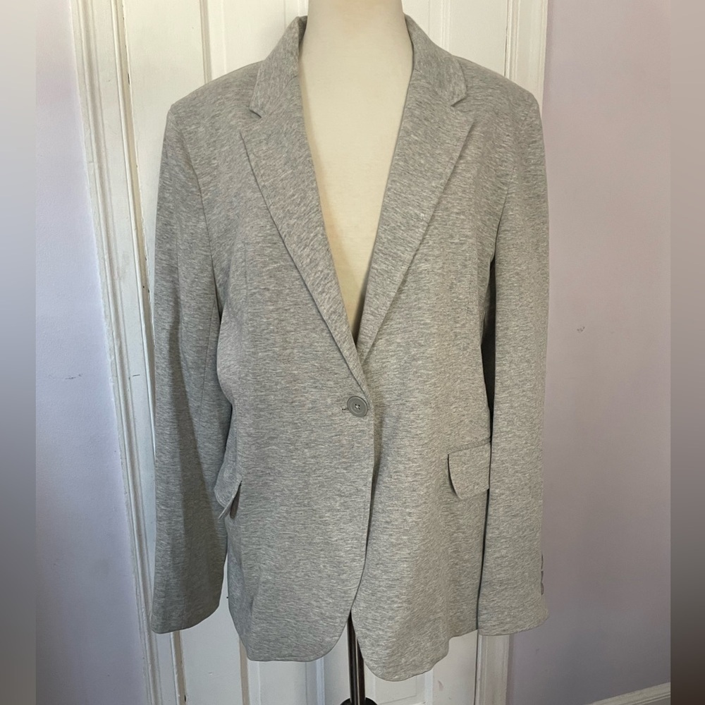 Boston Proper Gray Cotton Blazer – Striped Cuff Detail – Size 16